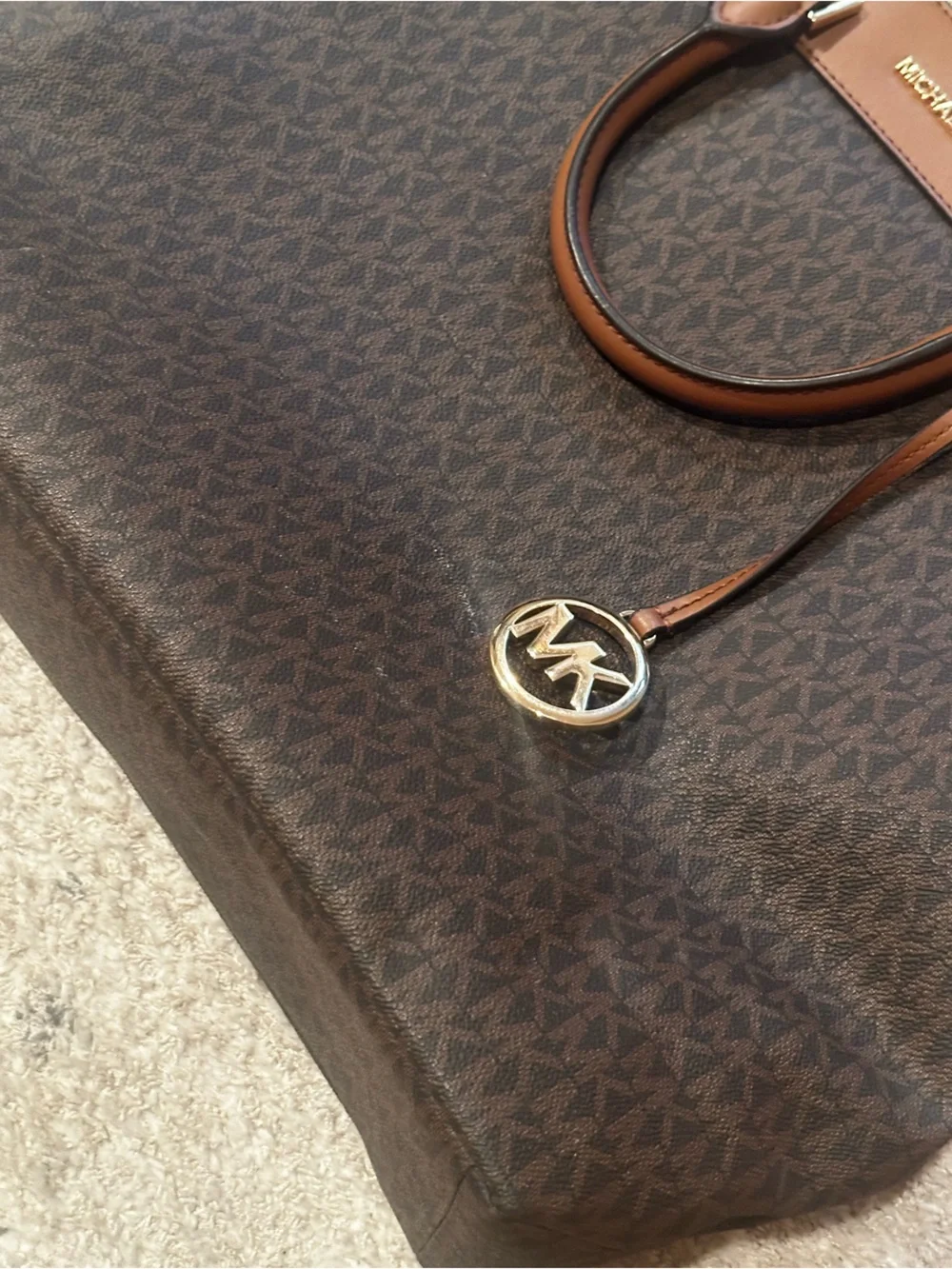 Michael Kors Gold Logo & Brown Leather Messenger with Beige Strap